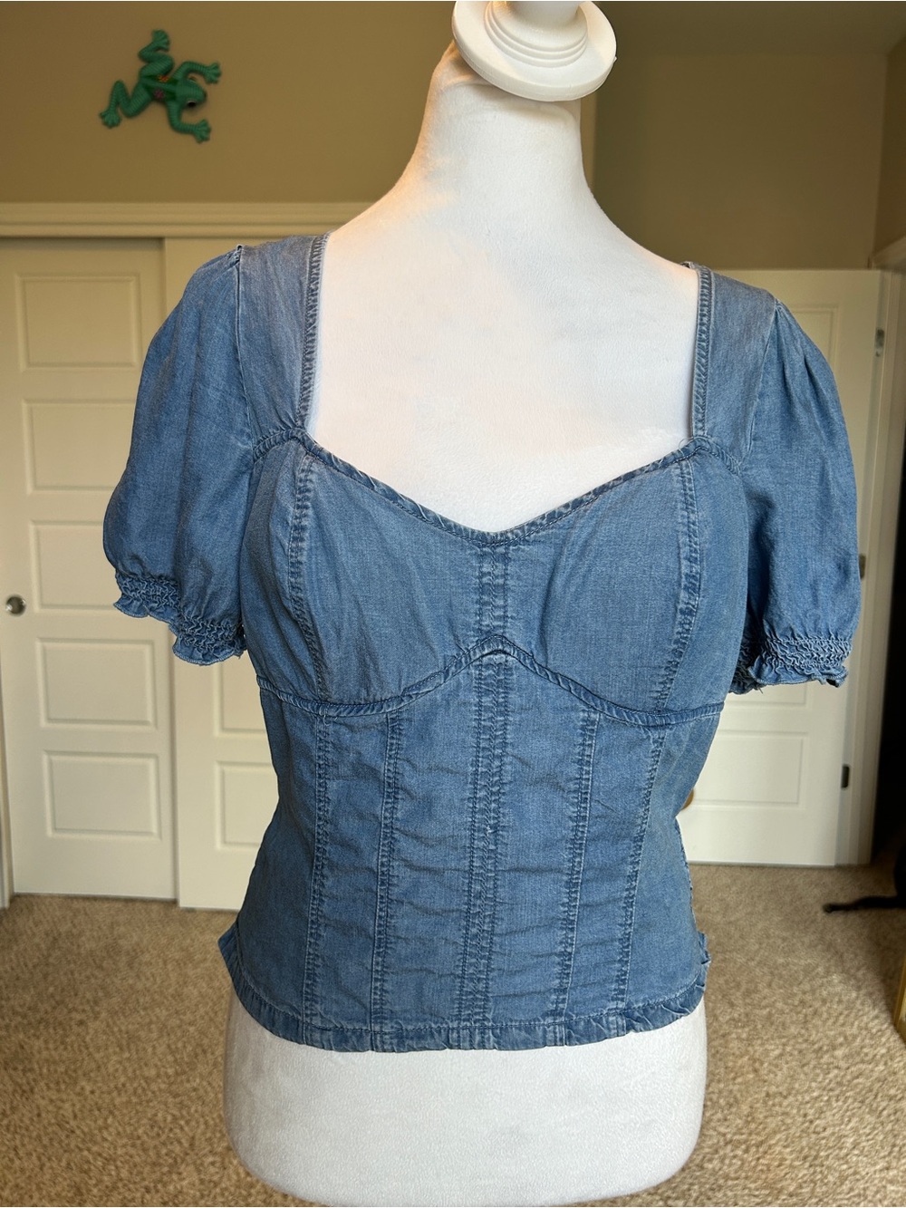 Haute Monde Denim Corset-style Milkmaid Top Smocked Waist Size Medium